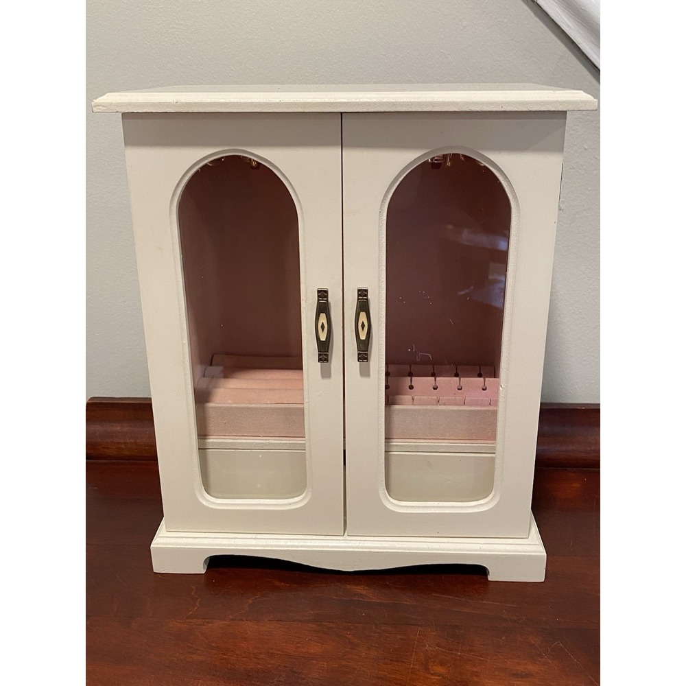 Vintage Jewelry Armoire Box Double Glass Doors, Drawer, Hooks, Pink Velvet Lined